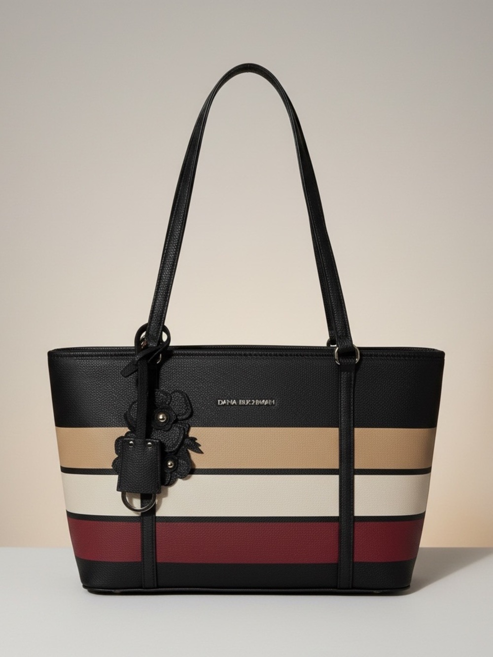 Black Multi-Stripe Tote Bag with Floral Charm